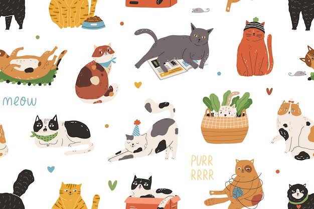 Modello senza cuciture con simpatici gatti divertenti che giocano e dormono su sfondo bianco. Design di infinite texture ripetute per la stampa e la decorazione. Illustrazione vettoriale piatta colorata infantile.