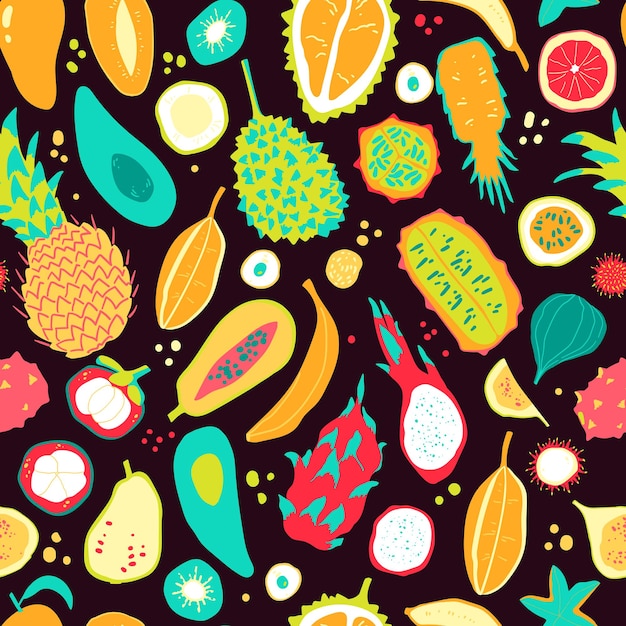 Modello senza cuciture con spirito tropicale Diversi frutti esotici in uno stile semplice ed elegante Vector illus