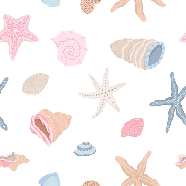 Modello senza cuciture con stelle marine conchiglie su sfondo bianco Illustrazione disegnata a mano di vettore pastello