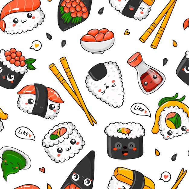 Modello senza cuciture con sushi kawaii