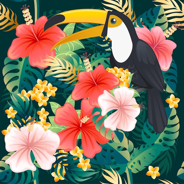 Modello senza cuciture con uccello tropicale tucano con foglie tropicali verdi e fiori rosa rosso cartone animato animale design piatto illustrazione vettoriale su sfondo verde