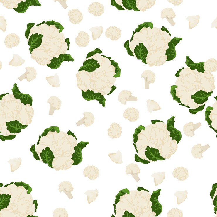 Vettore modello senza cuciture con un cavolfiore bianco su sfondo bianco.
