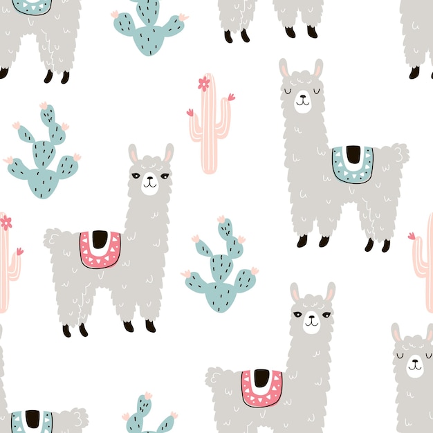 Modello senza cuciture con un lama animale e cactus su uno sfondo bianco Illustrazione vettoriale