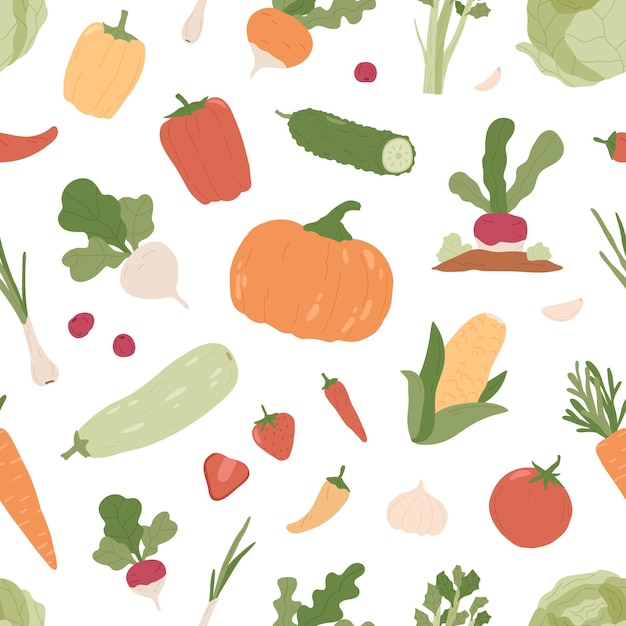 Modello senza cuciture con verdure biologiche fresche e cibo verde vegetariano sano su sfondo bianco. Trama ripetibile all'infinito con verdure autunnali. Illustrazione vettoriale piatta colorata per la stampa