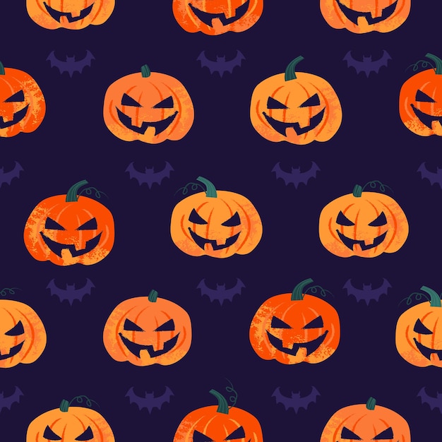 Modello senza cuciture con zucche di Halloween arancioni e pipistrello in stile timbro Illustrazione vettoriale