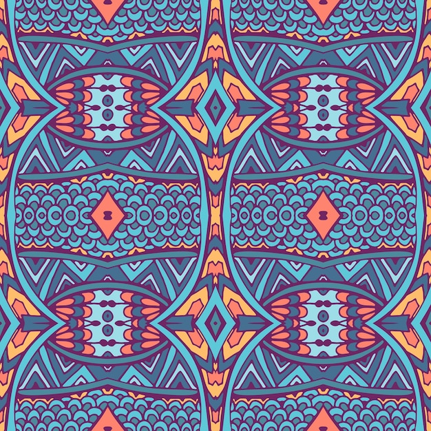 Modello senza cuciture damascato da ornamenti piastrellati astratti di fiori colorati doodle