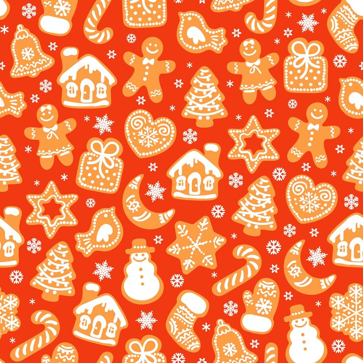 Modello senza cuciture dei biscotti e dei fiocchi di neve del pan di zenzero di Natale su fondo rosso