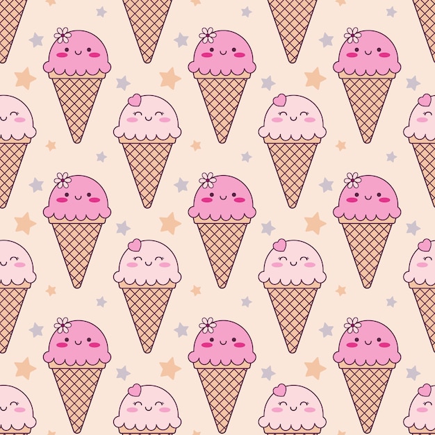 Modello senza cuciture del cono gelato sveglio di kawaii. Personaggio disegnato a mano del fumetto con le stelle