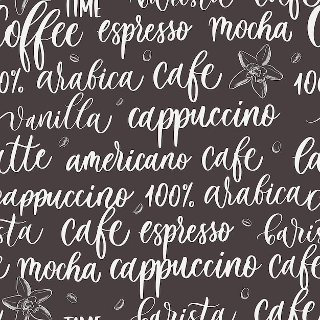 Modello senza cuciture del fondo dell'iscrizione dell'iscrizione dell'iscrizione del caffè disegnato a mano