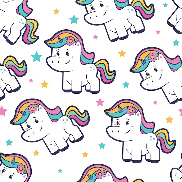 Modello senza cuciture del fumetto di unicorno carino su sfondo bianco on