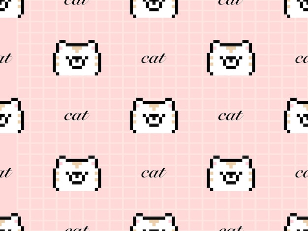 Modello senza cuciture del personaggio dei cartoni animati del gatto su sfondo rosa Stile pixel