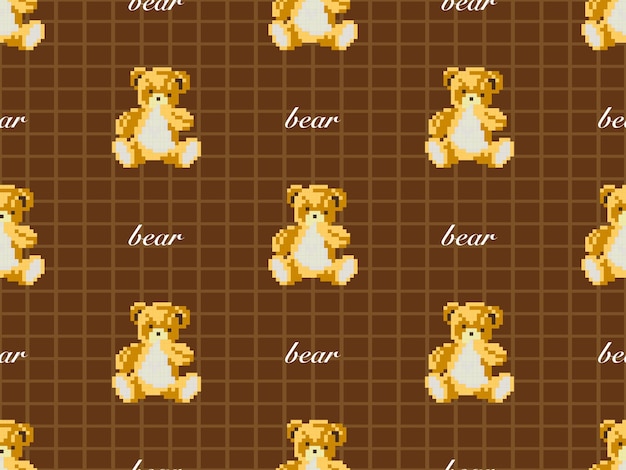 Modello senza cuciture del personaggio dei cartoni animati dell'orso su sfondo marrone Stile pixel