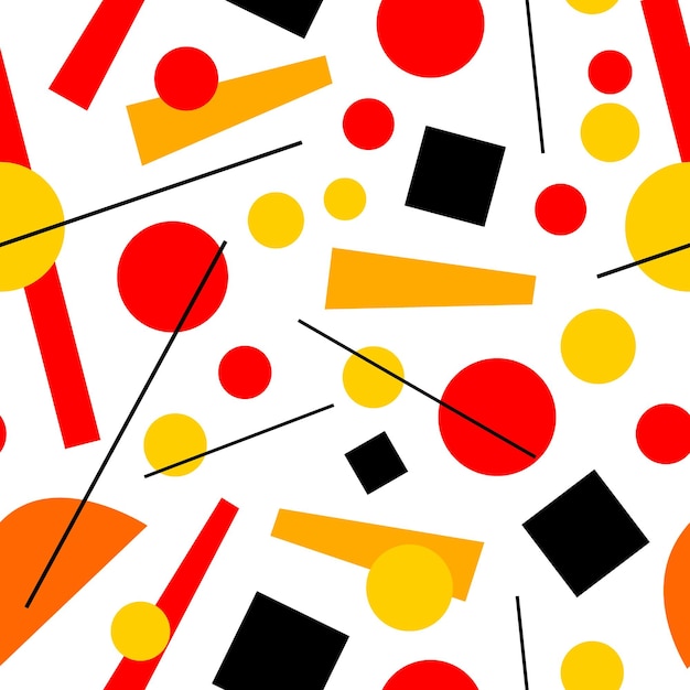 Modello senza cuciture del suprematismo. quadrati, cerchi, strisce rossi, neri, gialli, arancioni. linea, trapezio.