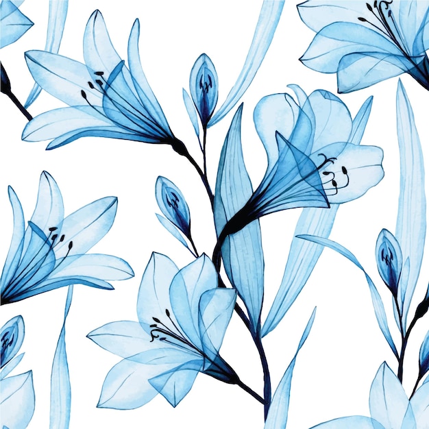 modello senza cuciture dell'acquerello con fiori blu trasparenti di alstroemeria, giglio. fiori d'aria, raggi X