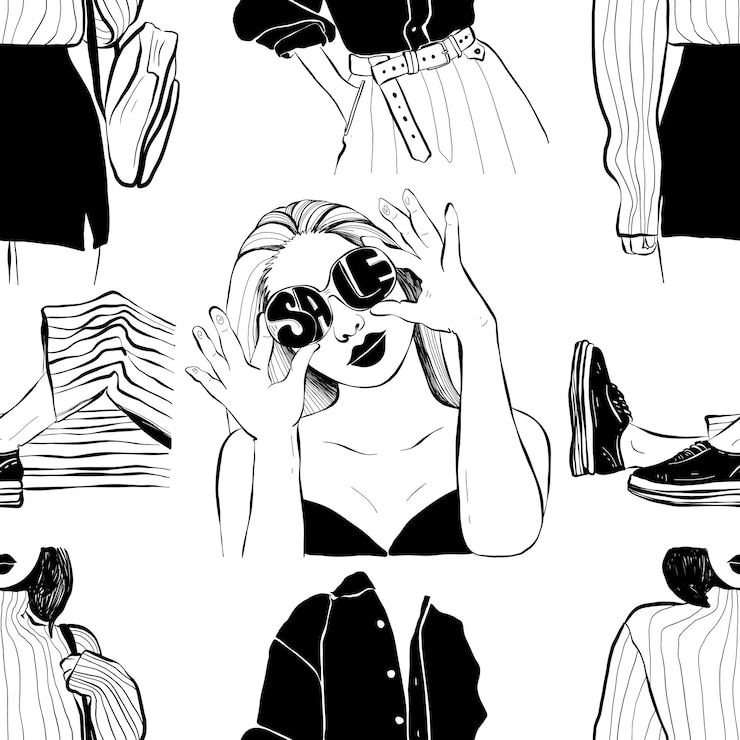 Vettore modello senza cuciture delle donne astratte moderne. illustrazione alla moda di contorno disegnato a mano. colori neri