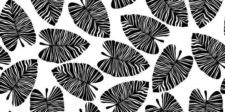 Modello senza cuciture delle foglie di palma tropicali della siluetta Struttura botanica esotica in bianco e nero