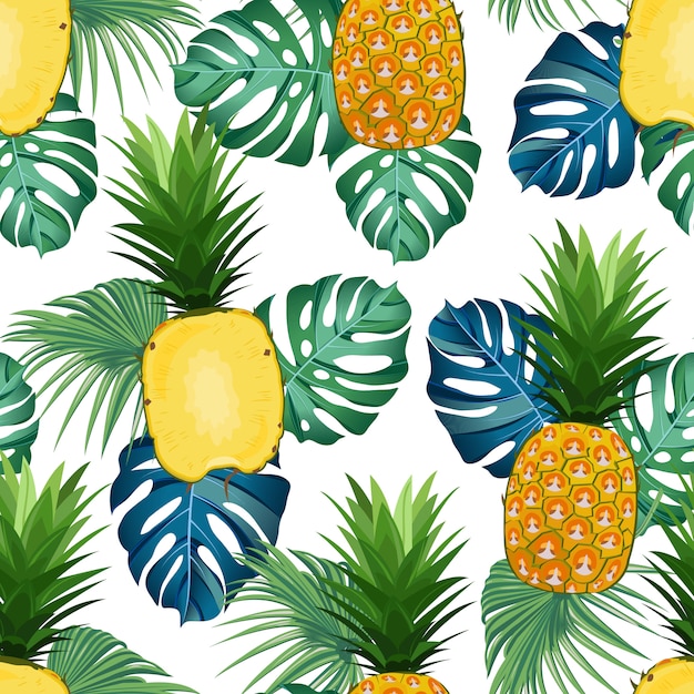 Modello senza cuciture di ananas con foglie tropicali