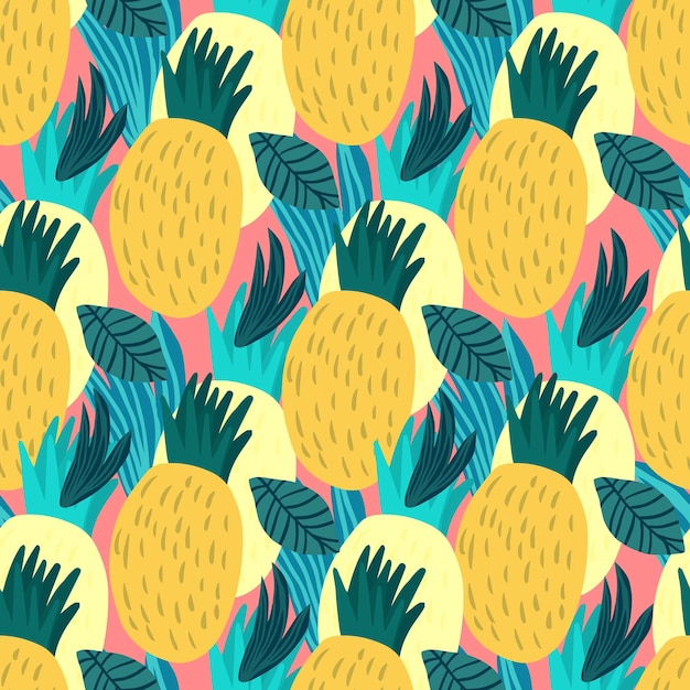 Modello senza cuciture di ananas dolce su sfondo rosa. Carta da parati infinita di ananas disegnata a mano