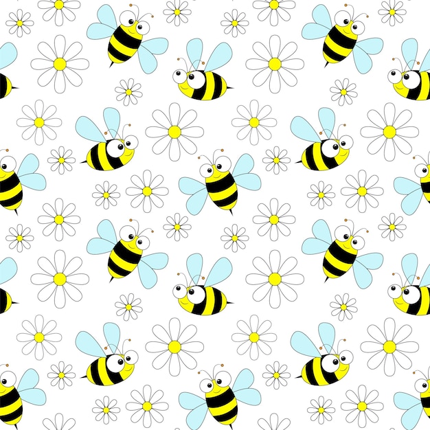 Modello senza cuciture di api e fiori di camomilla Fondo senza cuciture di vettore di api di insetto carino