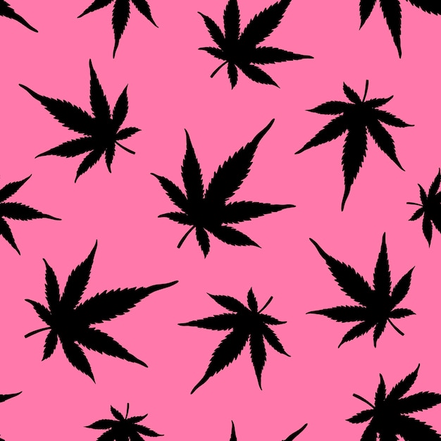 Modello senza cuciture di canapa nera su sfondo rosa Foglie di canapa nera su sfondo rosa Illustrazione vettoriale di modello di marijuana