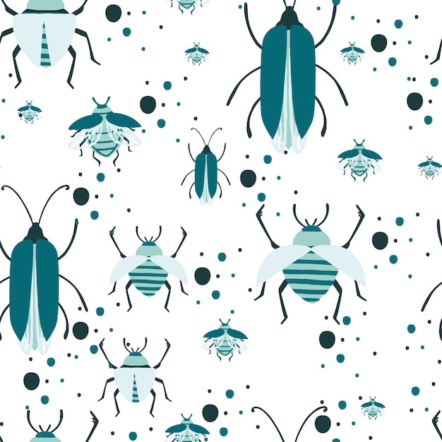 Modello senza cuciture di cartone animato semplice collezione di scarabei insetti colorati piatto illustrazione vettoriale su sfondo bianco