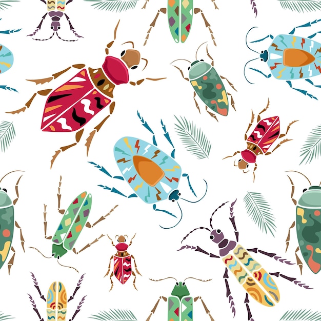 Modello senza cuciture di coleotteri disegnati a mano e foglie con ornamenti