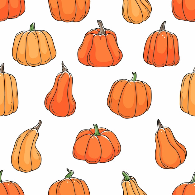 Modello senza cuciture di doodle del fumetto delle zucche arancioni Contorno carino illustrazione vettoriale sfondo
