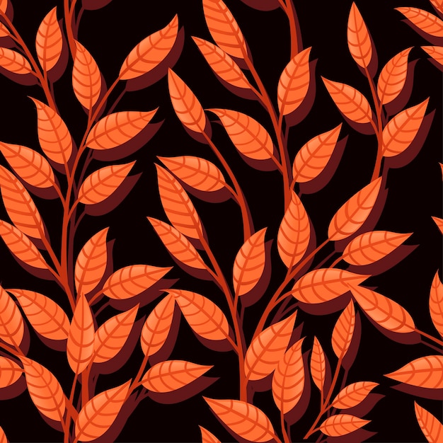 Modello senza cuciture di foglie autunnali arancioni su illustrazione vettoriale piatta di rami su sfondo scuro.