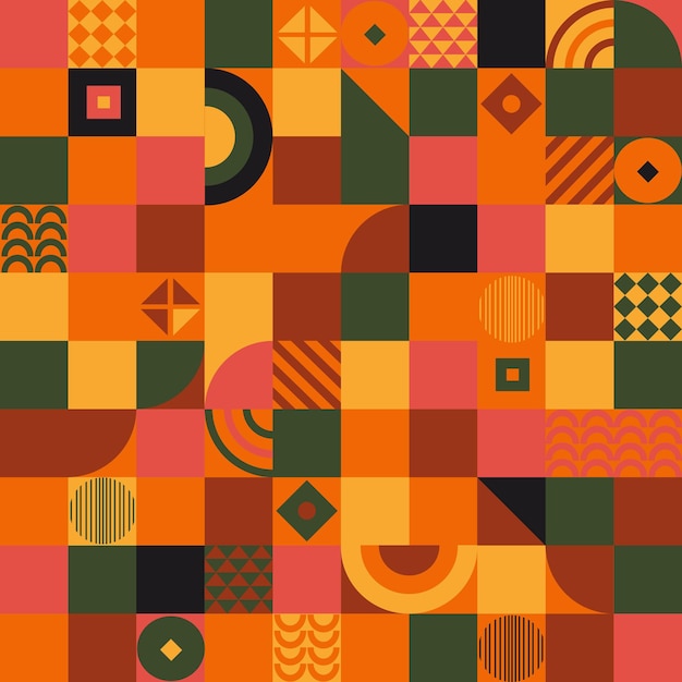 Modello senza cuciture di forma geometrica etnica, sfondo di design bauhaus con forme quadrate triangolari e rotonde. Modello per striscioni moderni, volantini, inviti, congratulazioni, poster. Illustrazione di vettore.