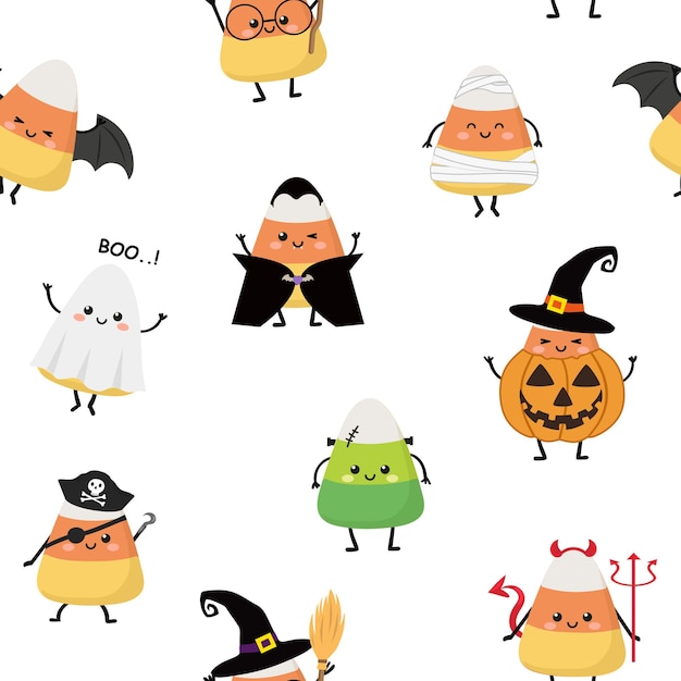 Modello senza cuciture di Halloween con Kawaii Cute Candycorns Holidays personaggio dei cartoni animati Illustrazione vettoriale