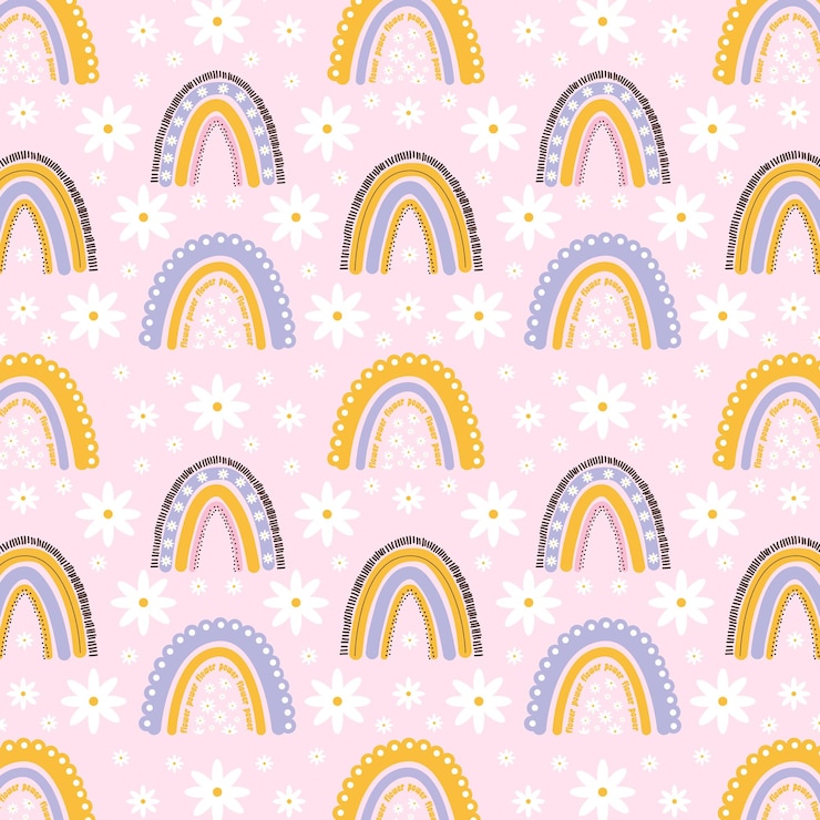 Vettore modello senza cuciture di margherite con doodle arcobaleno e stella su sfondo blu illustrazione vettoriale