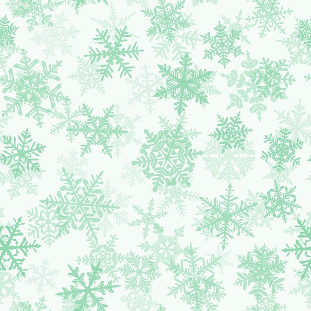 Modello senza cuciture di Natale con fiocchi di neve grandi e piccoli complessi, verde su sfondo bianco