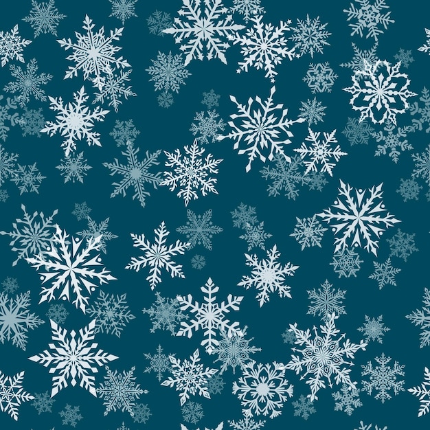 Modello senza cuciture di Natale di bellissimi fiocchi di neve complessi nei colori blu e bianchi Sfondo invernale con neve che cade