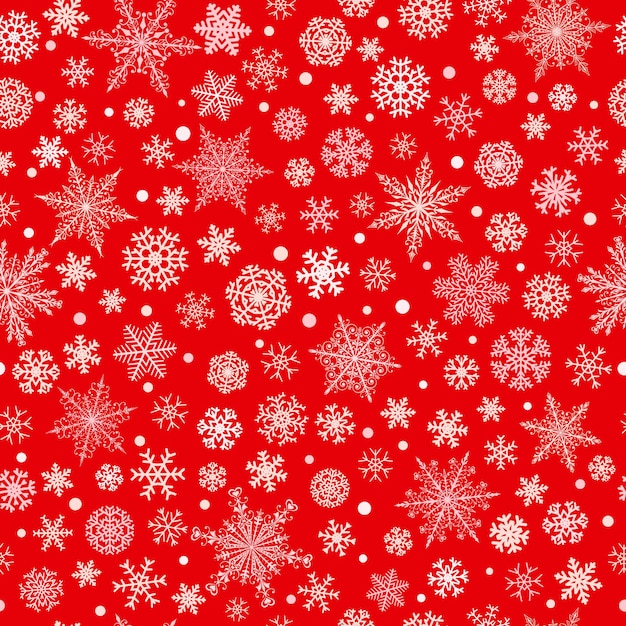 Modello senza cuciture di Natale di vari fiocchi di neve grandi e piccoli complessi, bianchi su sfondo rosso