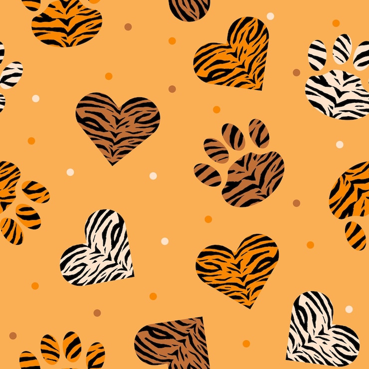 Vettore modello senza cuciture di pelle animale a forma di cuore e zampa leopardo tigre e zebra