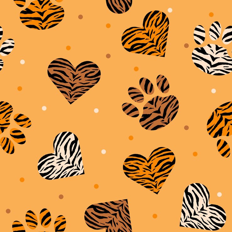 Modello senza cuciture di pelle animale a forma di cuore e zampa leopardo tigre e zebra