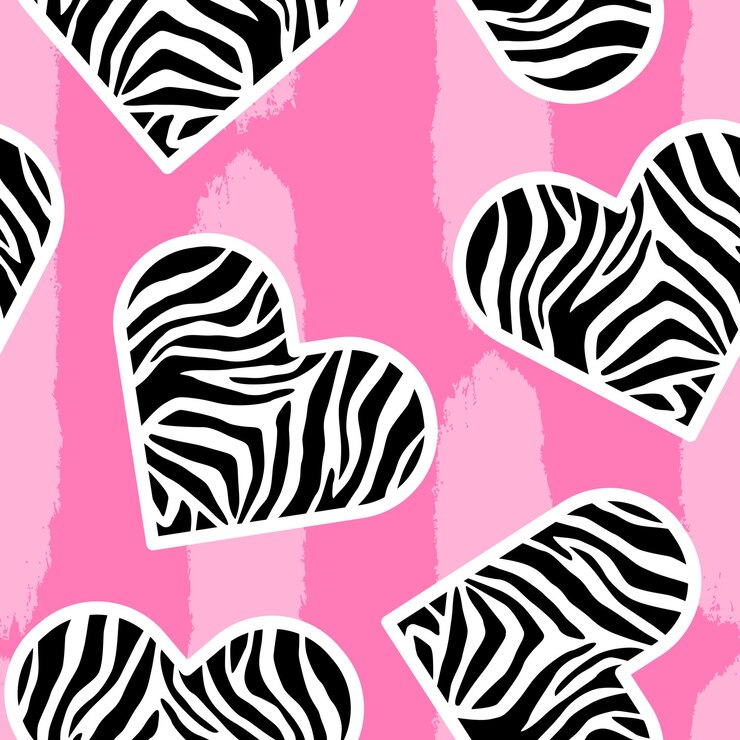 Vettore modello senza cuciture di pelle di zebra a forma di cuore su sfondo rosa
