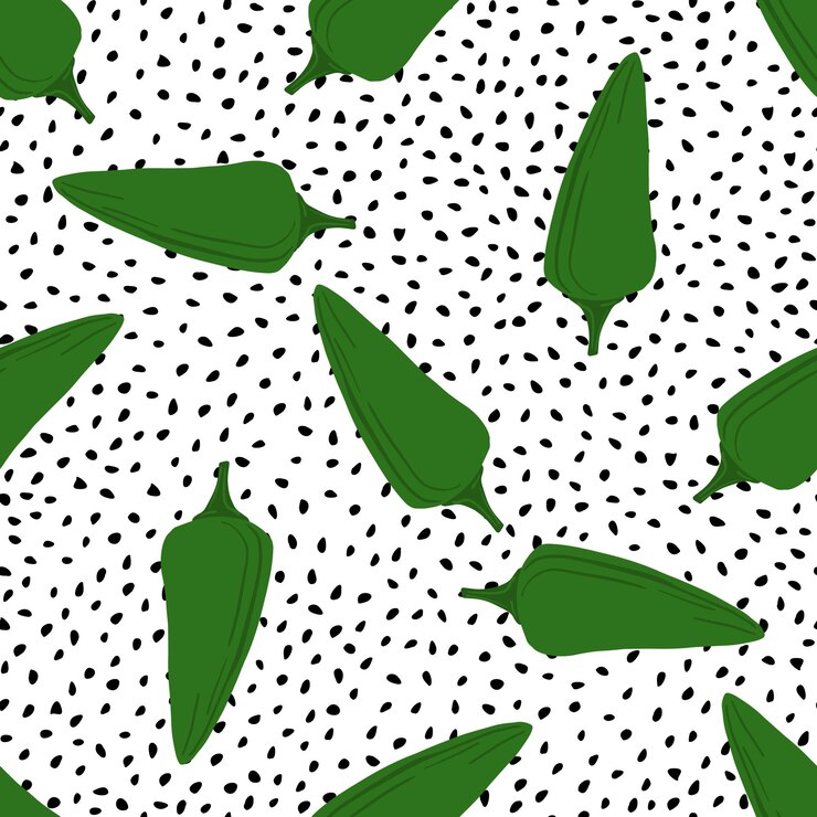 Modello senza cuciture di peperoncino verde su sfondo punteggiato. Carta da parati disegnata a mano di pepe. Illustrazione vettoriale