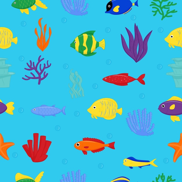 Modello senza cuciture di pesce di mare carino Personaggio dei cartoni animati di vettore nell'oceano Pesci tropicali