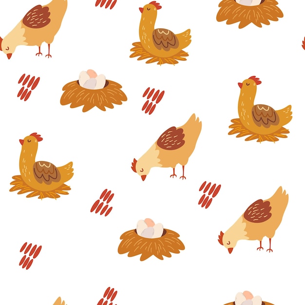 Modello senza cuciture di pollo. Sfondo di pollame e uova. Elementi perfetti per il design alimentare o agricolo. Estere. Illustrazione del fumetto di vettore.