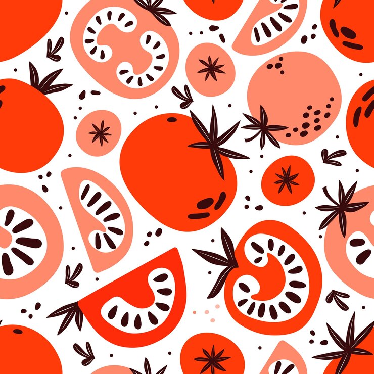 Modello senza cuciture di pomodori rossi e rosa. Fetta, metà, pomodoro intero
