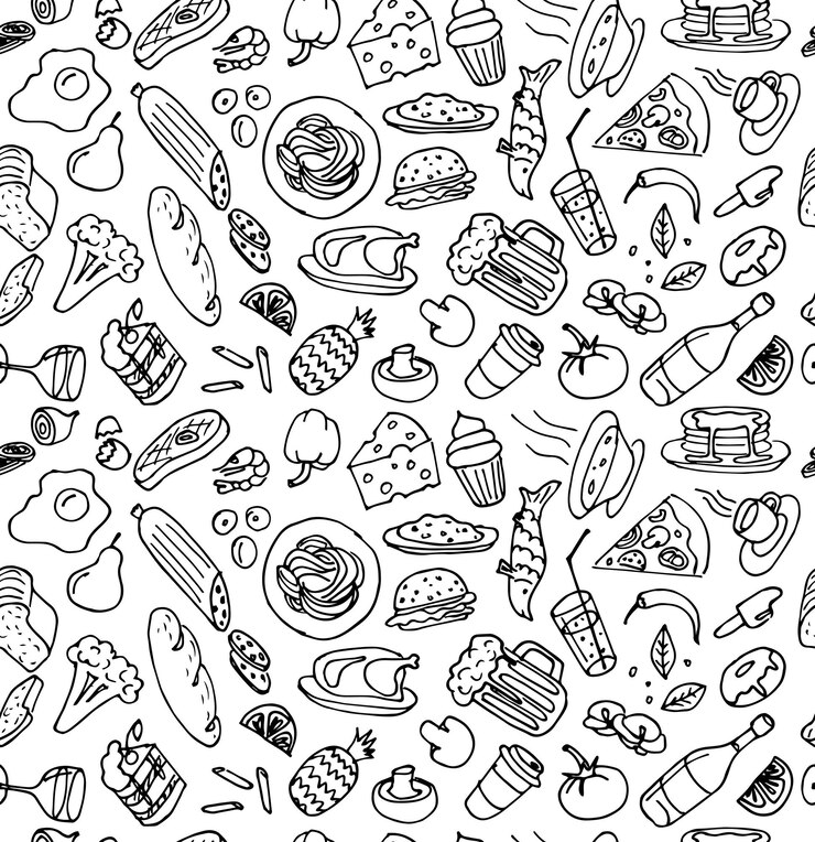 Vettore modello senza cuciture di schizzo di contorno di doodle di cucina alimentare disegnato a mano vario su fondo bianco