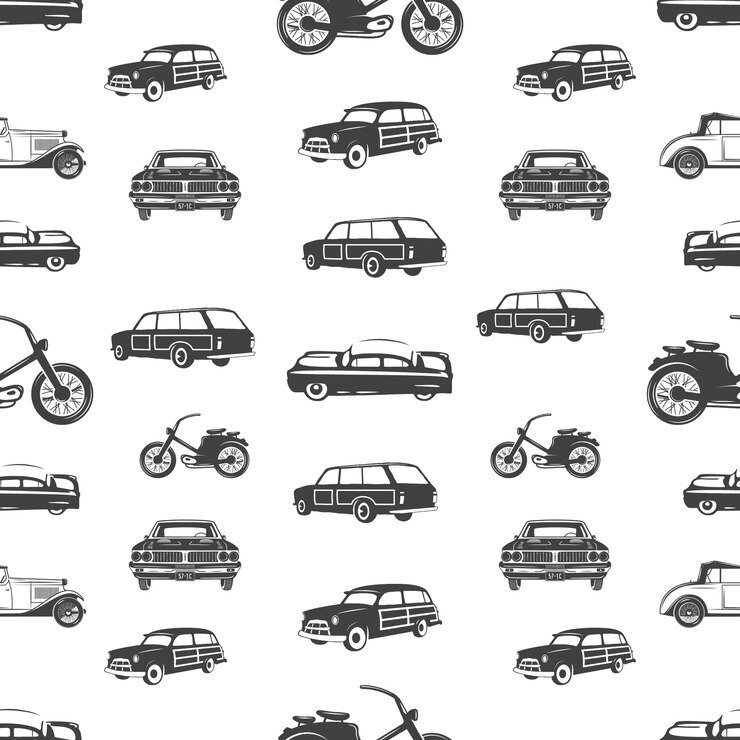 Vettore modello senza cuciture di trasporto surf. auto surf retrò, carta da parati moto in stile monocromatico