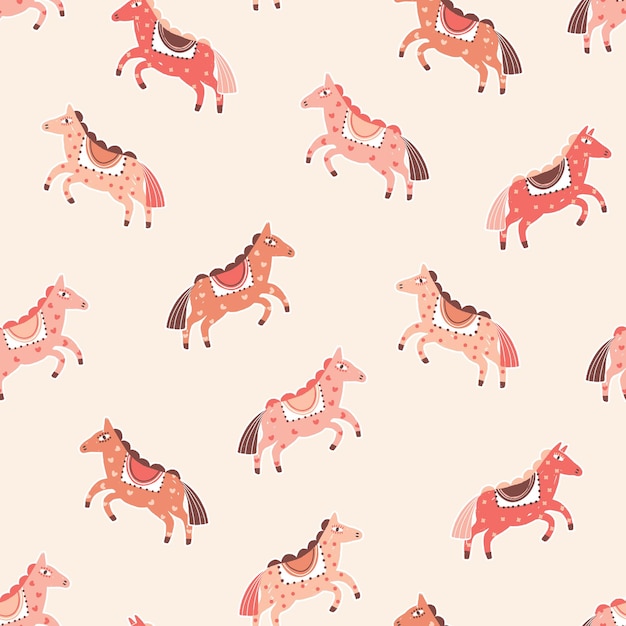 Modello senza cuciture di vettore di cavalli rosa. Personaggio dei cartoni animati pony su sfondo color pesca. Contesto infantile di carnevale astratto. Carta da regalo animale carino disegnato a mano magico, design della carta da parati.