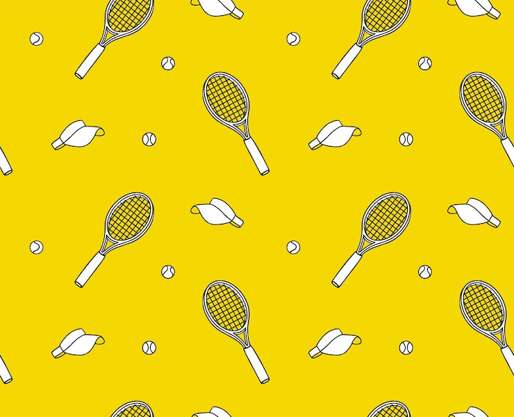 Vettore modello senza cuciture di vettore di doodle di tennis su fondo giallo