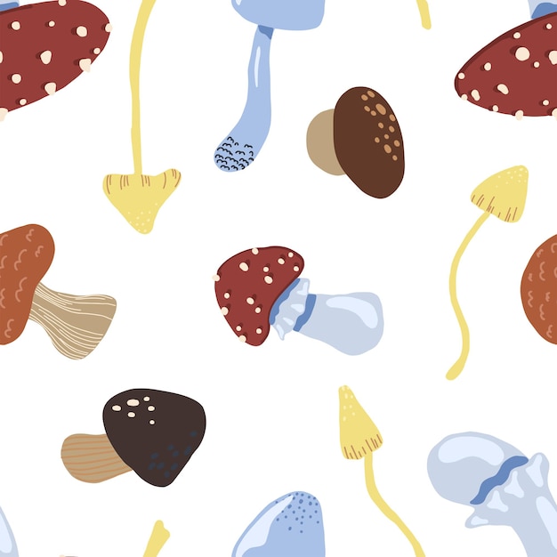 Modello senza cuciture di vettore disegnato a mano piatto di funghi. Ornamento del raccolto autunnale in stile scandinavo. Design colorato astratto per stampa, sfondo, carta da parati, tessuto, tessuto, arredamento.