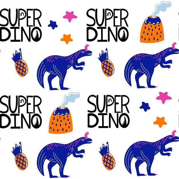 Modello senza cuciture disegnato a mano con dinosauri e stelle e vulcano Perfetto per il tessuto dei bambini