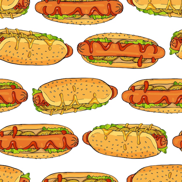 Modello senza cuciture disegnato a mano con hot dog