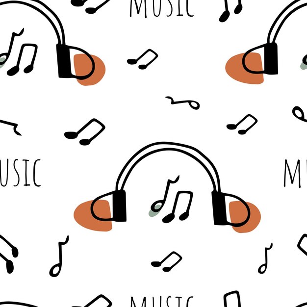 Modello senza cuciture Doodle cuffie per note musicali