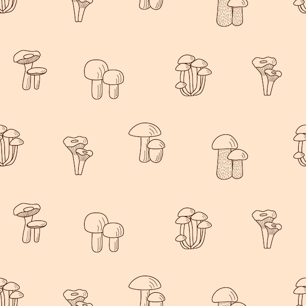 Modello senza cuciture Doodle fungo icone vettore illustrazione di porcini gallinacci miele champignons agarico pioppo tremulo e russula
